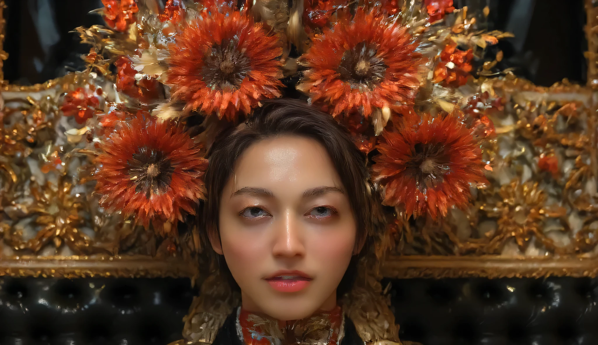 handsome man, blue eyes, luxurious and ornate aristocratic clothing and makeup, surrounded by lavish, glowing flowers around his face, majestic and dreamy fantasy background, ethereal, elegant, ultra high resolution