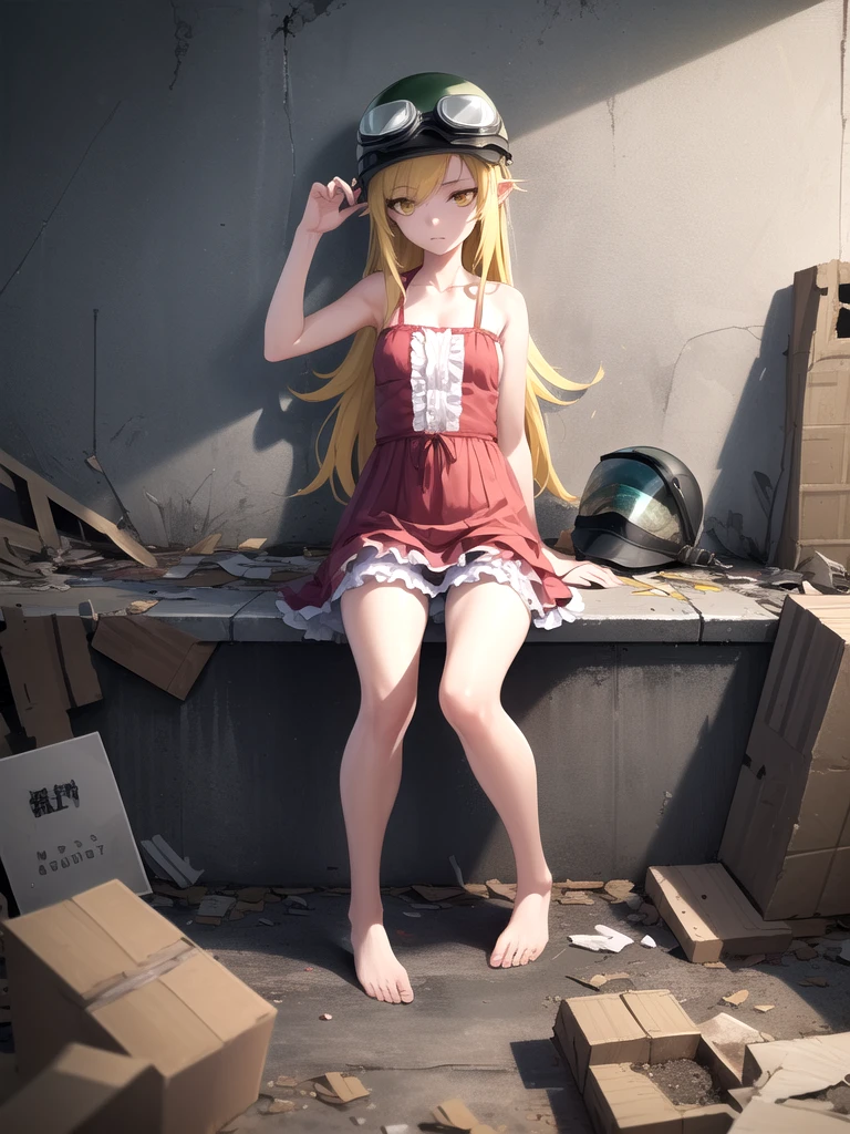 (masterpiece:1.2), (best quality,:1.2), 1girl, small breasts, emotionless, blonde hair,
<lora:oshino_shinobu_v1:0.8>, aashinobu, aged down, long hair, (helmet:1.1), goggles on headwear, pointy ears, pink dress,
<lora:hugging_own_legs_v0.3:0.85>, hugging own legs,
sitting against the wall, (inside abandoned building:1.2), (debris:1.2), (apocalypse theme:1.2)