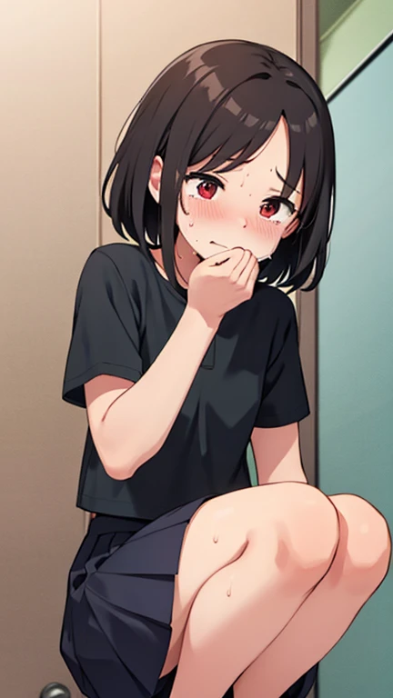 ((highest quality)), ((High resolution)),  1 girl,black hair,((blush))、black hair、light blue eyes、short、Squatting、((8 to 10 years old))、(amazing love juice)、((((embarrassed))))、Lower body is naked、Open your pussy