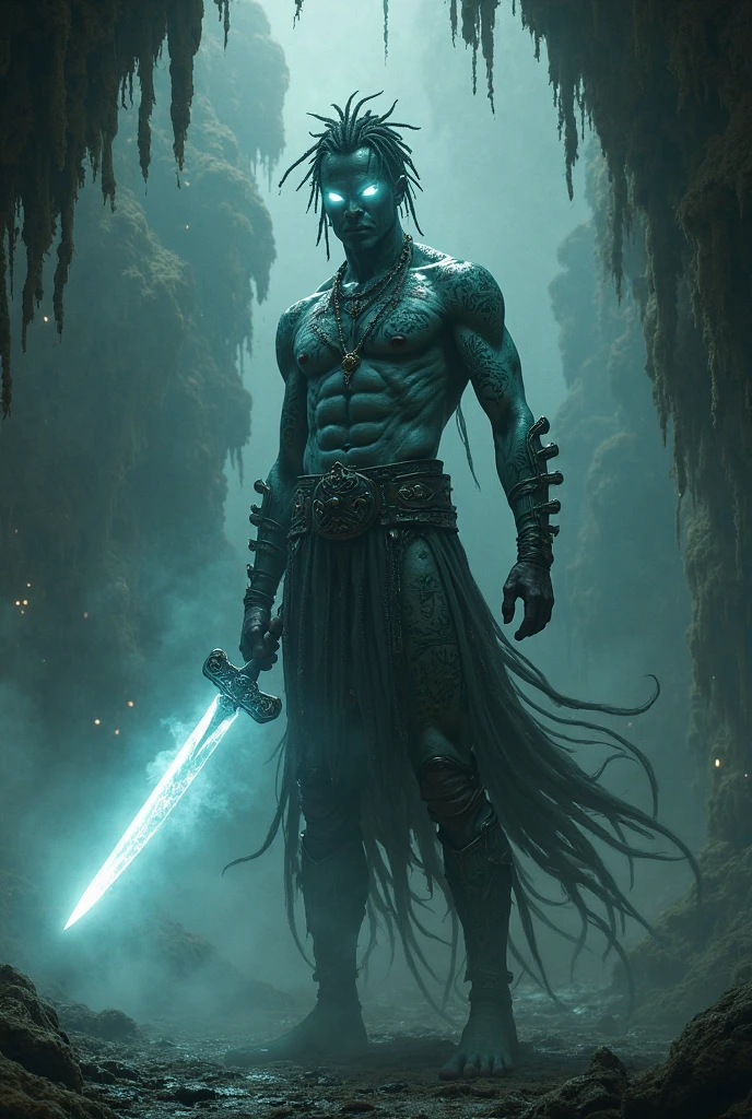 African American teenager with swords and white eyes