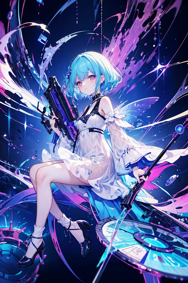 8k wallpaper，tmasterpiece，cinmatic lighting，top Quority，illustratio，Dramatic angles，（（a color：1.1）），（（Colored inner hair：1.4）），
1girll， solo， long blue hair， SakuraNS， Pink eyes， Cross necklace， parted lip， a white choker， liquid hair， Light blue hair， By bangs， By bangs， From the side Side， contours， The upper part of the body， blue hairs， simple backgound， pink back ground， exposed bare shoulders， sportrait， looking at viewert， white dresses， hairsbetweeneyes， colorfulhair， Galaxy Background, Nebula, 耳Nipple Ring，jewely, majestic space creature