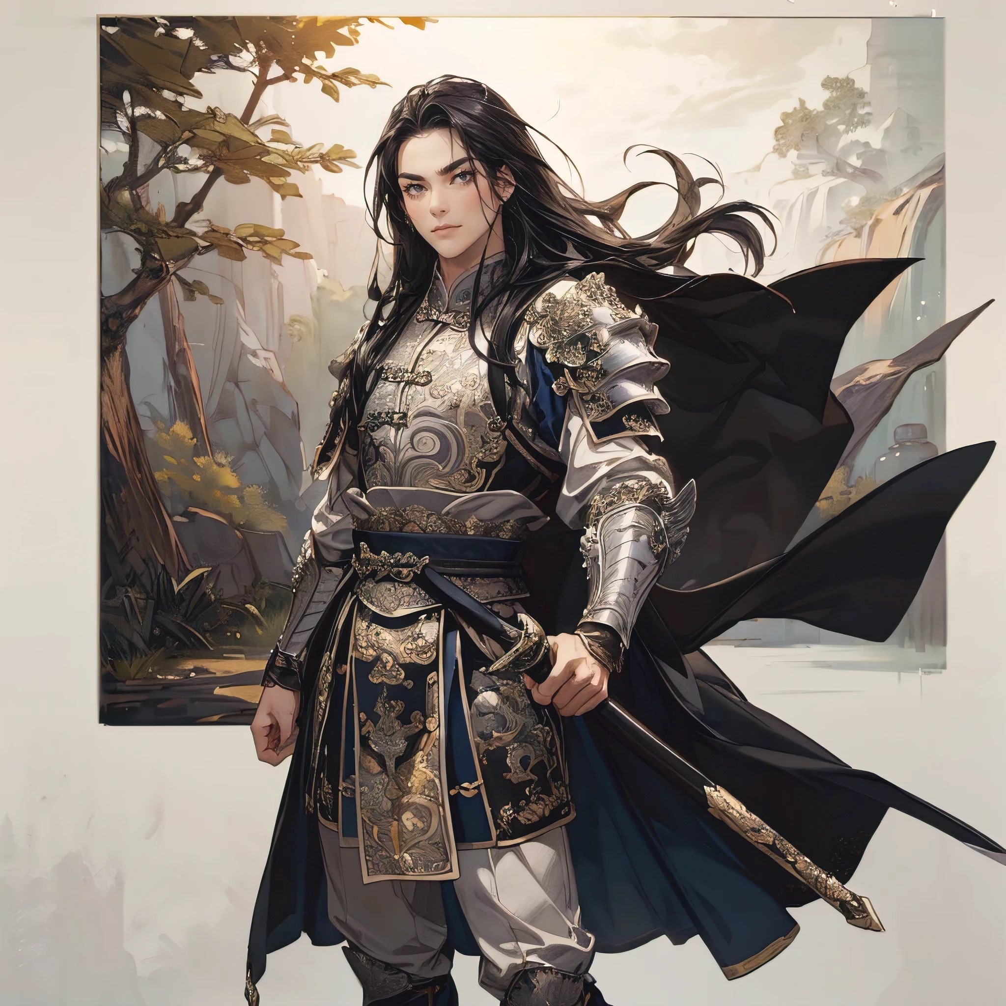 (of the best quality,4K,8k,high definition,masterpiece:1.2,Oil Painting Honoring Heroes:1.3),super detailed,(super fine illustration),(((An ancient Chinese man in armor holding a long sword))),0,Heroes of the Three Kingdoms,handsome man:1.3,tall,Xiaoyan,Perfectly symmetrical face,Extremely Sexy Man ,detailed eyes:1.3, perfect eyes,The gaze is directed at the viewer:1.2,(( Attractive Dark Eyes :1.3)),((( long black hair perfectly set:1.3))),((fresh smile:1.2,Thin eyebrows,well-trained body:1.3,succulent)),cinematic lighting, soft shadows,((Ancient Chinese silver armor with engravings leading up to detailed works of art:1.3,large black cloak with gold embroidery made with 1 sheet of cloth:1.3,An ancient Chinese long straight sword drawn in detail:1.3,Hand holding a detailed sword grip:1.3,Acrobatic pause:1.3)),((cowboy shot:1.3)),((white background:1.3,simple background:1.3)),(( standing:1.3,depicted so as not to be able to see from the tip of the head to the waist:1.3,Distant view:1.2)),from below