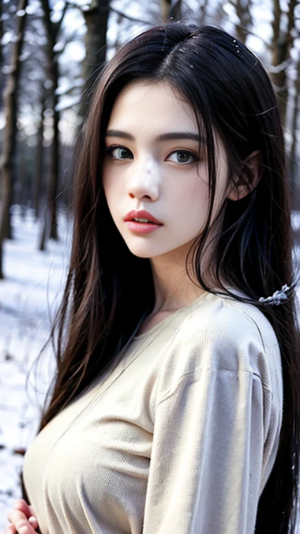 a beautiful young korean girl, heavy snowfall, above-knee length mini dress, long flowing hair, porcelain skin, large expressive eyes, delicate facial features, elegant pose, snowflakes falling all around, snowy winter landscape, ethereal and magical atmosphere, (best quality,4k,8k,highres,masterpiece:1.2),ultra-detailed,(realistic,photorealistic,photo-realistic:1.37),detailed facial features,intricate details in dress and hair,dramatic lighting,moody blue and white color tones,cinematic composition, beautiful face, realistic face, realistic skin, realistic smile, realistic atmosphere, every thing is realistic, cutest smile, realistic body, realistic body language, mouth watering beauty, cute face, stylish look, bright skin , close up pine tree leaps covered heavy snow fall, (Full Body shot:1.5), (close up shot), Cute, Sweet, Award winning Photography,