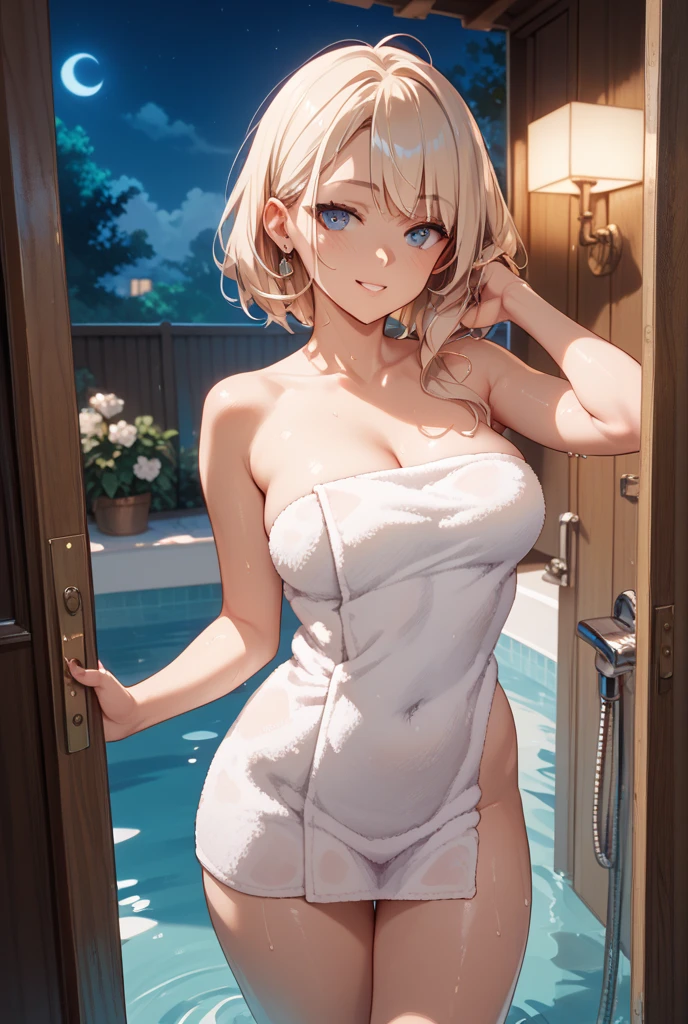 Realistic, Hyper Detail, Girls Only, one side short layered bob, Dynamic Lighting, ((Bold imaginative pose)), (Glossy skin: 1.5), Masterpiece, Top Quality, Absurdity, Watching Viewer, ((Blonde:0,7) and (light purple:0.3) Hair), deep Purple Clear Eyes,((Beautiful, detailed eyes, jewel-like eyes, colorful eyes, sparkling eyes:1.3)), Slender, High Resolution, Sharp Focus, Depth of Field, Detail Eyes, Sharp Eyes, (Realistic Eyes)), outdoors, sunrise sky,Open-air bath of a long-established hot spring inn,(bath towel wearing): 1.3)