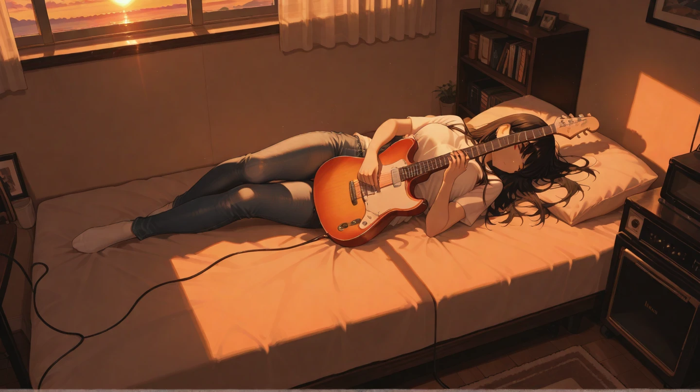 (masterpiece:1.2, best quality), (highly detailed:1.3), 1girl, 17yo, (white panties), crop top,  holding electric guitar, sleeping, on bed, eyes closed, warm, morning light, view from above