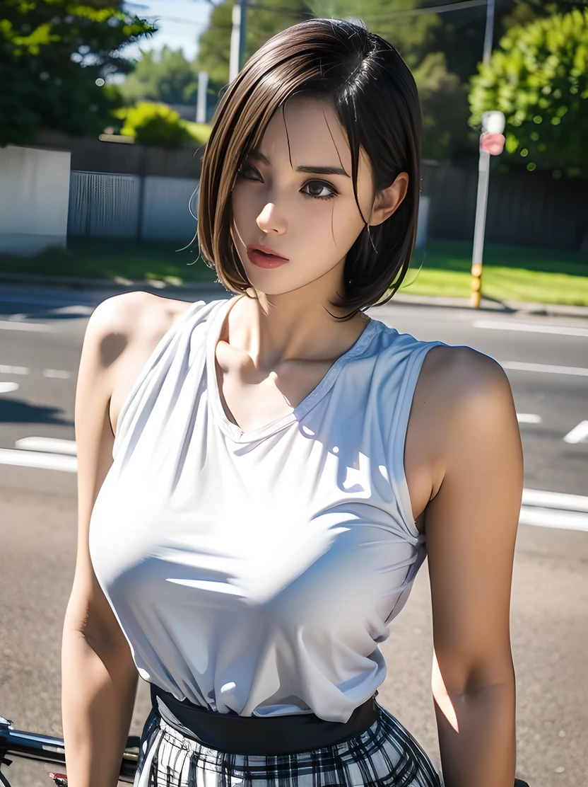 (非常に柔らかい髪), 黒髪, Highest Quality, masterpiece, Super Real, Penis erect in front of a girl, wet, shiny, transparent clothing, The image shows a woman, I'm probably in my 20s, of the bike The handlebars stand out in the foreground, This opens up a fair amount of chest, The patterned skirt that combines shades of gray and white stands out, has short hair, The ground under the bike is asphalt. and features black grips and gear levers, interaction between light and shadow shown by bright light, illuminates the scene, The settings seem to be outdoors on a sunny day, leaning just above the shoulder, Her outfit is a fitted white t-shirt, casts shadows, creates a casual yet intriguing atmosphere. The composition focuses on the, and appear to be adjusting bicycle gears,
