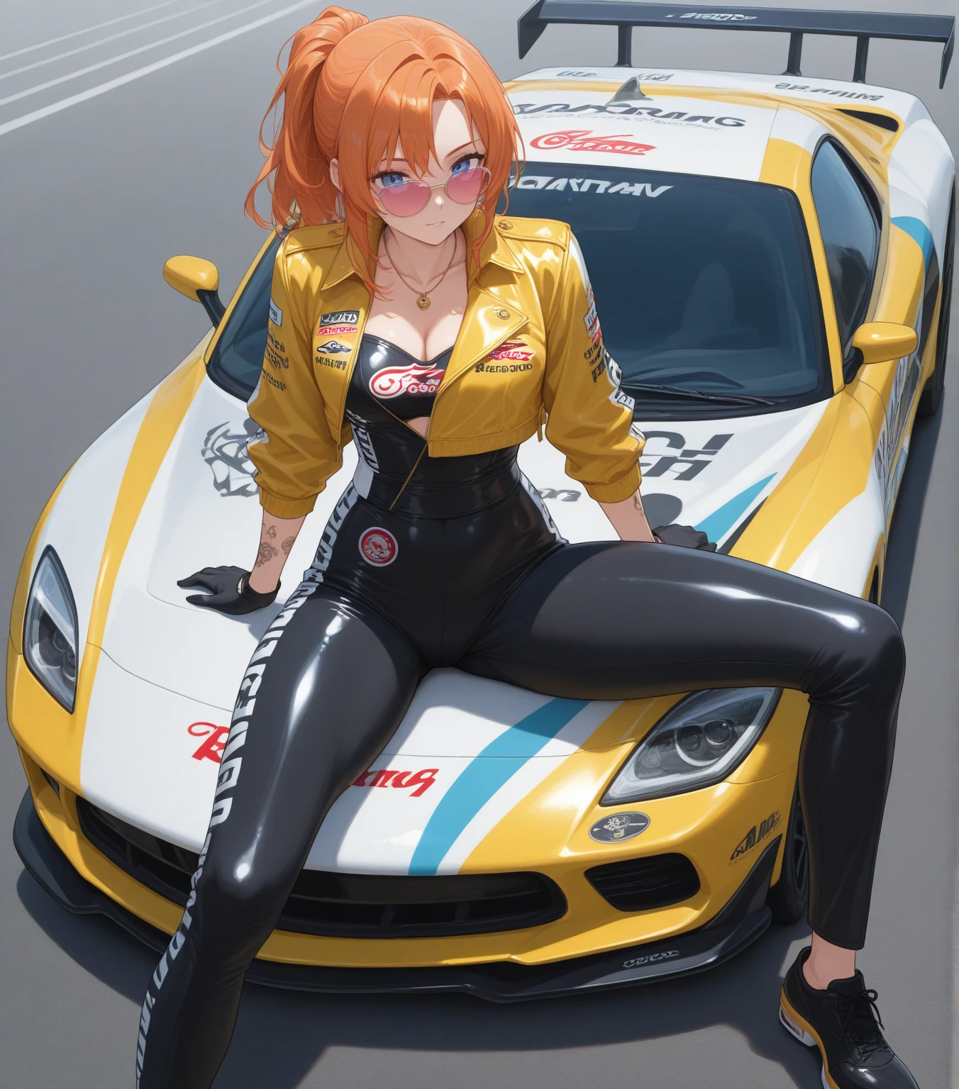 fancy car, <lora:c4rg1rl-v1:1>,crop top, detailed face, yellow bodycon tank top, moonlight, stars, statement sunglasses