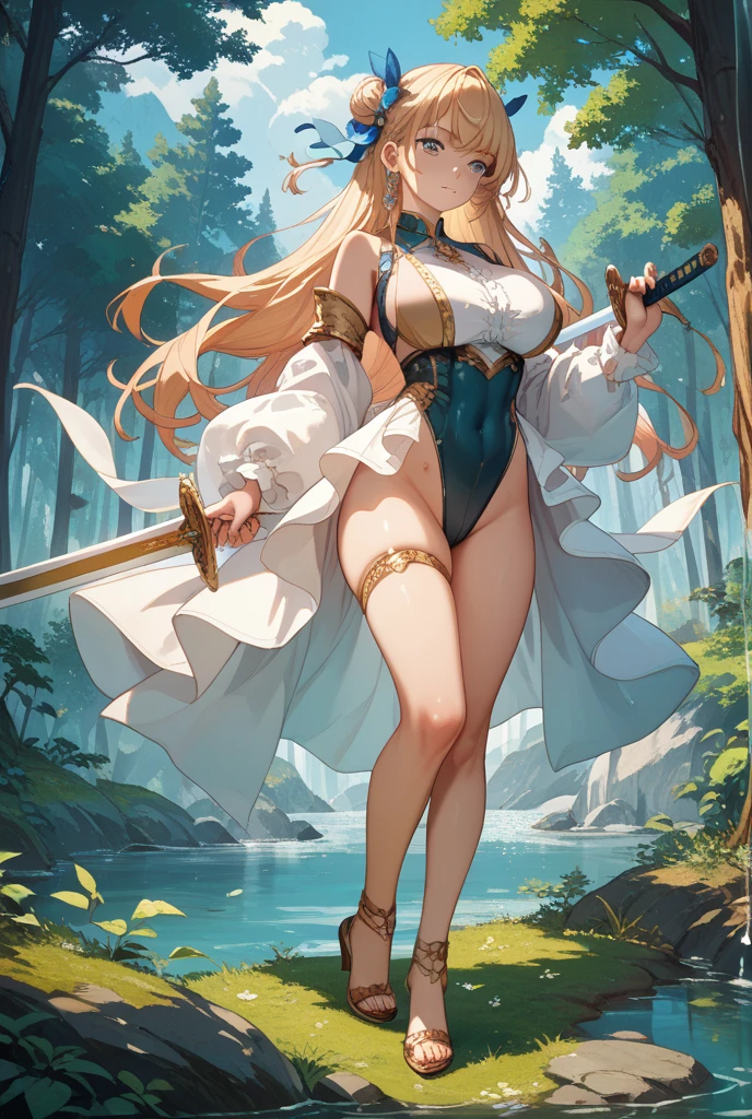 closeup cleavage, The world of elf forest, Elf noble sister, Blonde hair with long straight hair, Wearing an aristocratic hood, White-colored skin, Long elven ears, head chain, humanoid creature, camel top, Her skin is white and rosy, brown skin tone, 黑The eye,messy hair,high-heels , leg loops, jeweled skirt, tattoo is,bag on back
