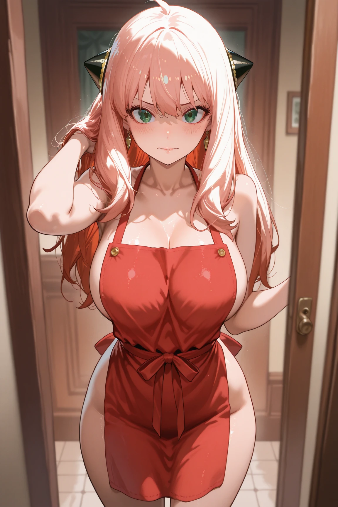 MASTER PIECE, 1girl, solo, bangs, hair ornament, hair, looking at viewer, blush, suspicious, open mouth, green eyes, huge breasts, simple background, navel, cleavage, swimsuit, heart, bikini, red hair, side lock, groin, black bikini, , hand on own face, railing, hand on own cheek, (white skin, (fair skin), slender body, milf, perfect face), (legs, big breasts, off-shoulders, (detailed shoulders, detailed arm lines)), (bare shoulders, bare legs),