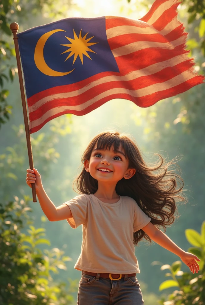 A child wearing Malay clothes holding a flag