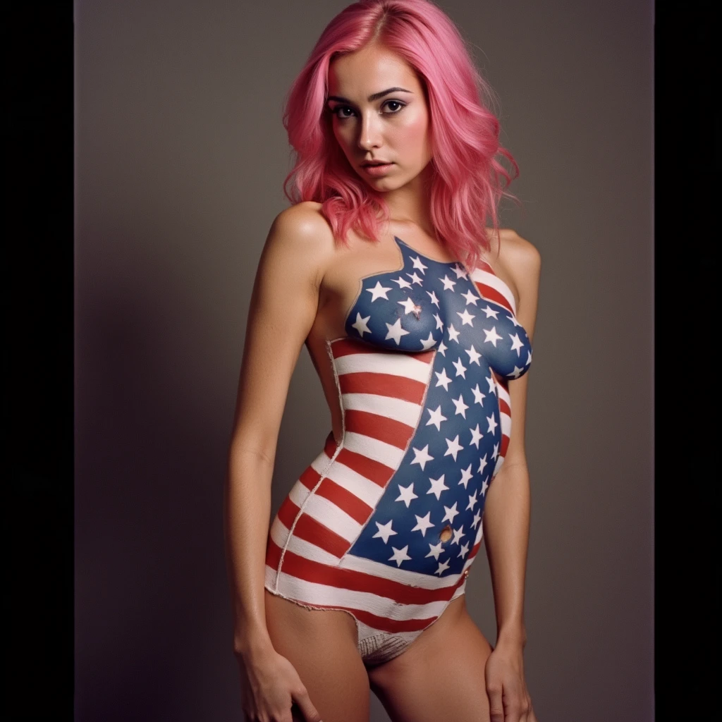 ((((full-length photo)))),  Let's show the legs in the photo, Angelina Jolie, ((American flag)), 16k, photo in RAW format, topquality, (tmasterpiece), Large-format color photography, professional photo of a, Extremely detailed photo, realistness, beste-Qualit, hight resolution, (a perfect face), pretty eyes, detail skin texture. Tattoo red roses on the shoulders