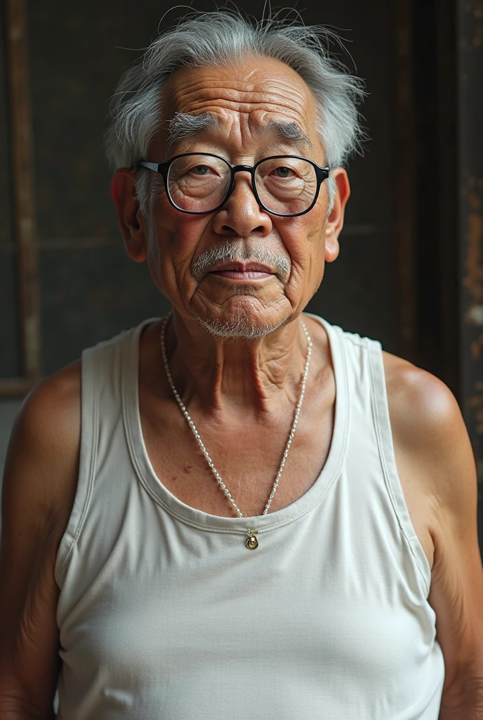 Old man, fat, glasses, Japanese, white tank top, 50s