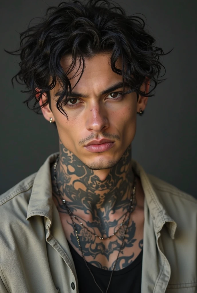 Create several tattoos on the side of the neck about music and sounds on thin men with curly, brown hair