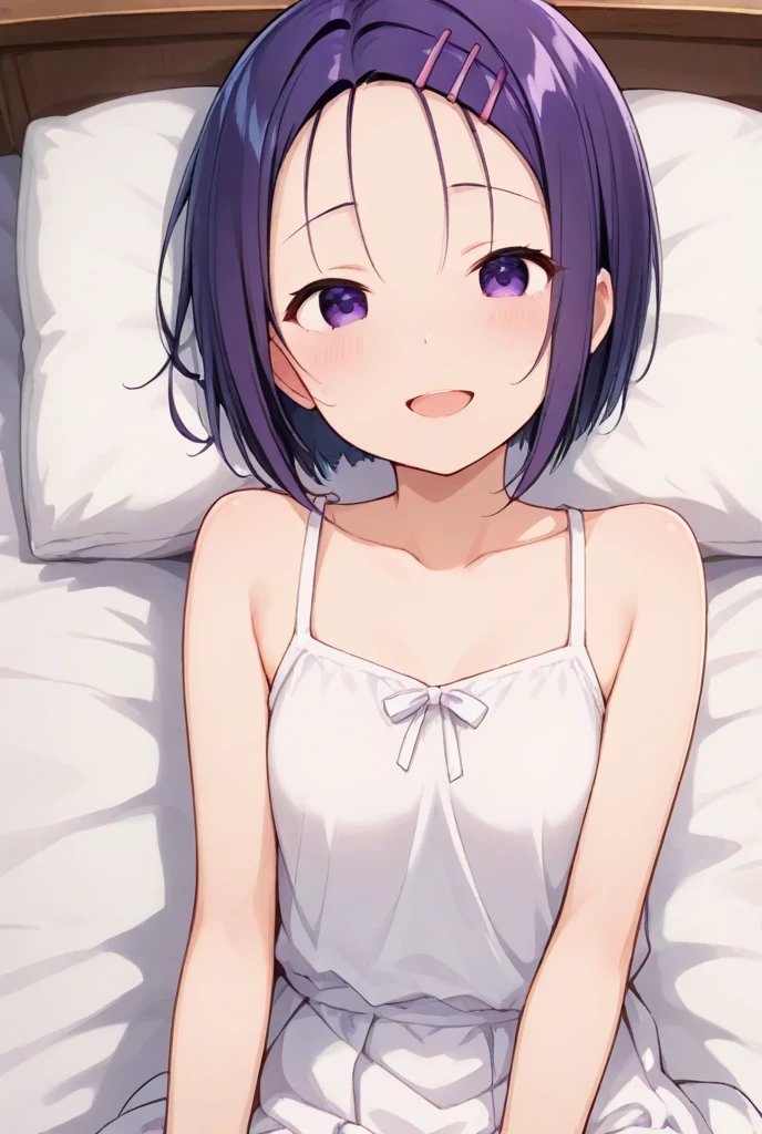 (((shima rin))), Laid-back Camp, (highest quality, 8k, 32k, masterpiece, Ultra-high resolution:1.2), One Girl, smile, (((Brush your hair back))), Beautiful Japanese Woman, Tight waist, camisole, Leaning forward, Down blouse, Bedroom