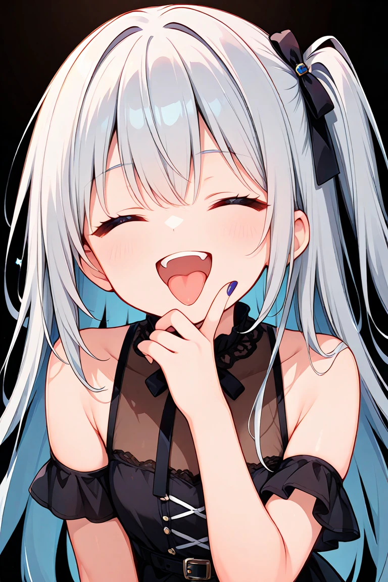 ((masterpiece,best quality)), high resolution, ultra detailed,8k,16k,detailed background, perfect lighting,detailed beautiful eyes, 1girl,solo,embarrassed,blush,steam, heavy breathing,look at viewer,saliva,drivel,(happy smile:1.2),(open mouth,oral,spread mouth:1.1),ahegao,face focus,(from above:1.2),from front, (pov:1.2),be breathless,show mouth,sweat,fisheye lens,stick tongue out,kneeling,plana,white hair,long hair,black hairband,white ribbon,braid,fair skin,(flat chest),(short body,slender,short stature,narrow sholders,7years old,over size head:1.1),class room