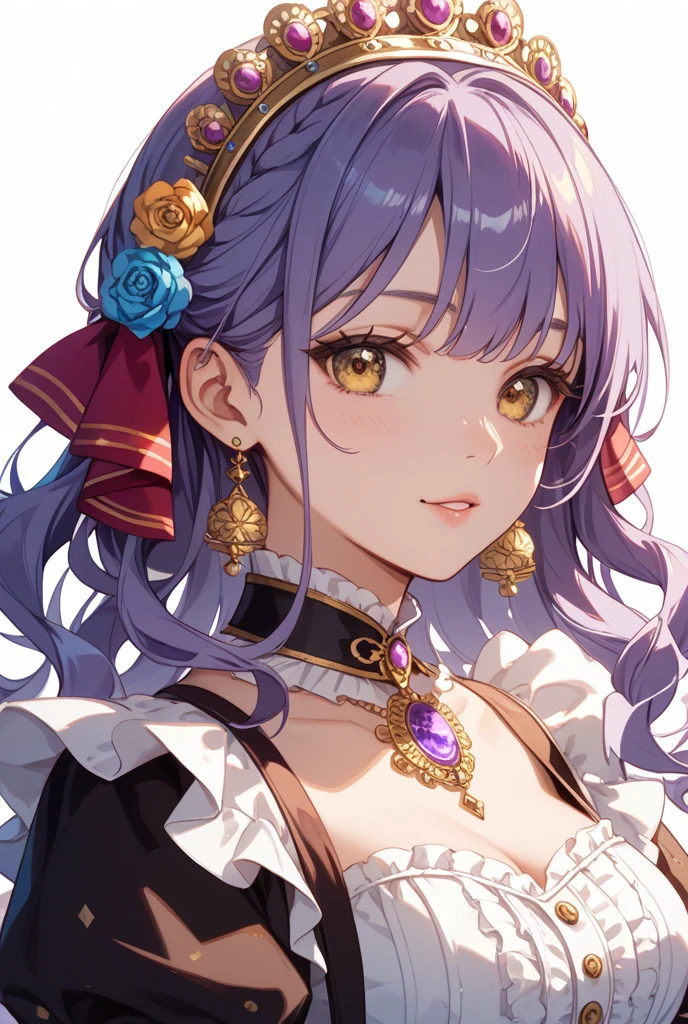 girl princess light purple hair side ponytail large breasts princess crown purple eyes white dress middle ages gentle smile sunlight inside the castle red carpet