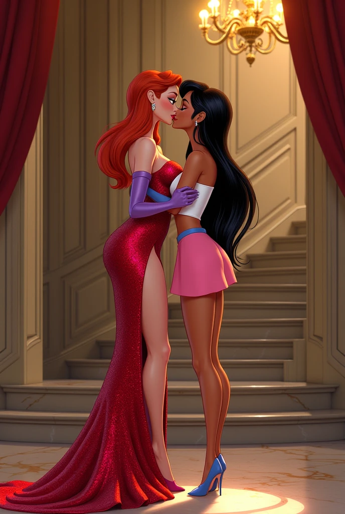 score_9, score_8_up, score_7_up, score_6_up, score_5_up, (high quality, detailed, beautiful), detailed soft lighting, rating_explicit, 2girls, Disney's Shego cuddling in bed with Disney's Kim Possible, kissing, passionate, wearing cute tight pajama shorts and top.