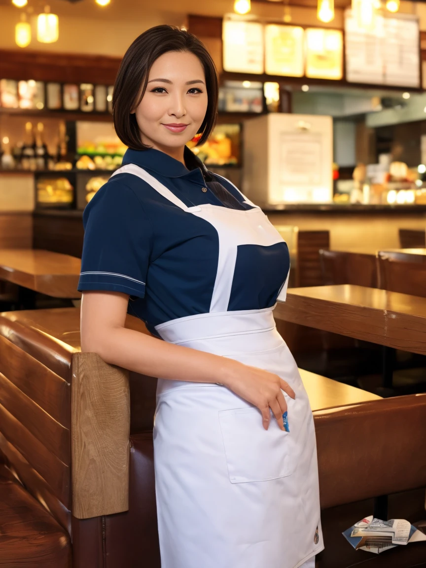 High resolution, High resolution, Attention to detail, masterpiece, Rough skin, Anatomically correct, sharp,
((At a family restaurant))、
((Japanese Mature, 50 years old)), alone, ((Facial wrinkles)), Shapely large breasts, Black short bob, Chubby body type,
(((Accentuate your butt))) ,((As a family restaurant clerk))、 ((In family uniform))、Looking down、landscape,A gentle smile、A gaze that seduces viewers、((anna millers costume))、In green apron、Asking for an order、