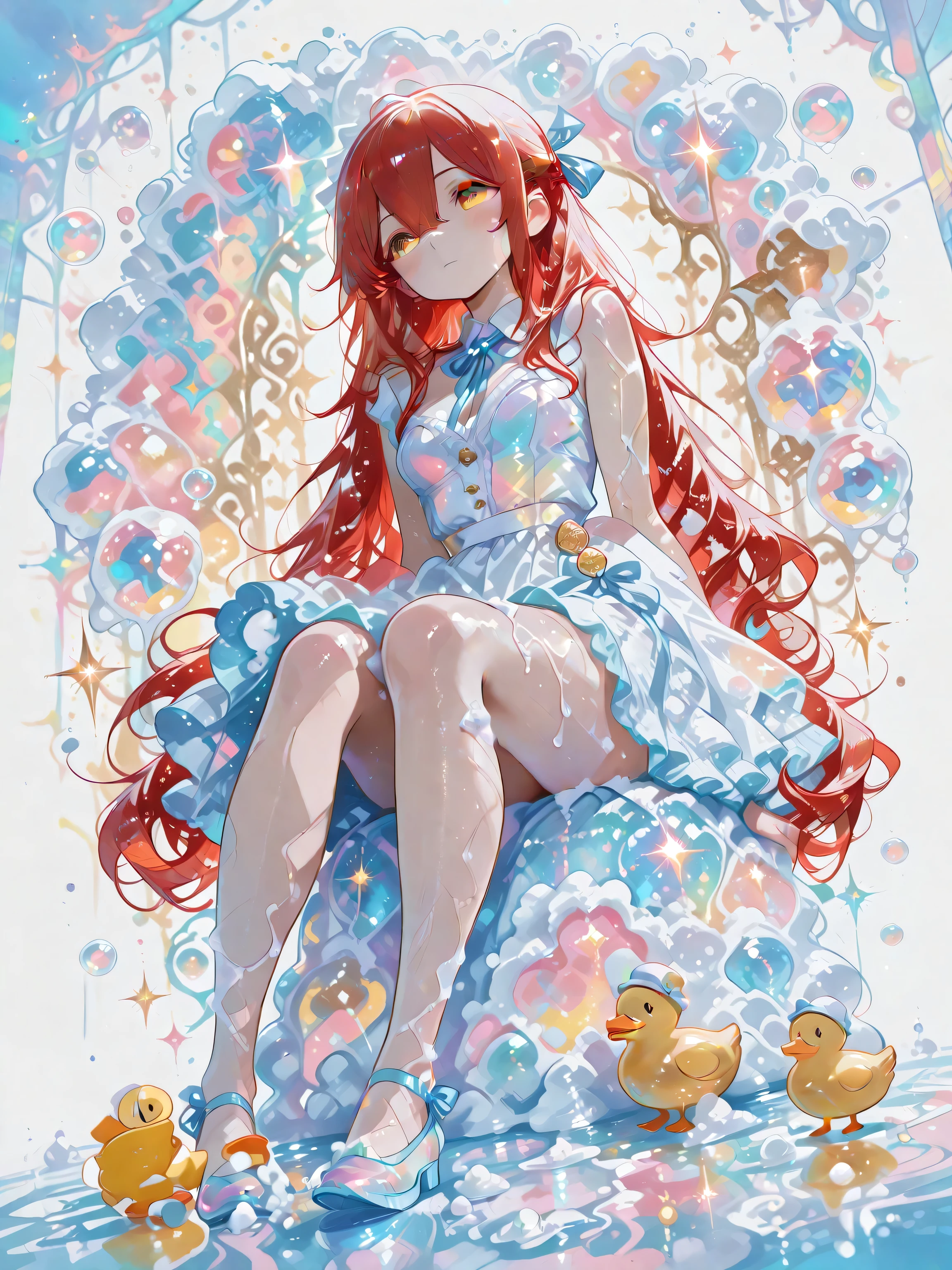 wide shot,full body 1 girl , golden eyes , very long hair , long sidelocks, red hair ,half updo, petite , very cute , beautiful ,Straight hair, cool, handsome, hair between eyes, sexy, medium breasts , (twintails), wavy hair,sundress,spread skirt,bare legs,long hair ribbon light blue ribbon((soap bubbles))(colorful soap bubbles)((lots of soap bubbles)) lots of soap bubbles))(light leaks)(sharp reflection light)soap bubbles in background,duck toys,glitter,sitting dynamic angle,((best quality)) ,water_aesthetic, watercolor, abstract background, white background, watercolor background, pastel_colors,