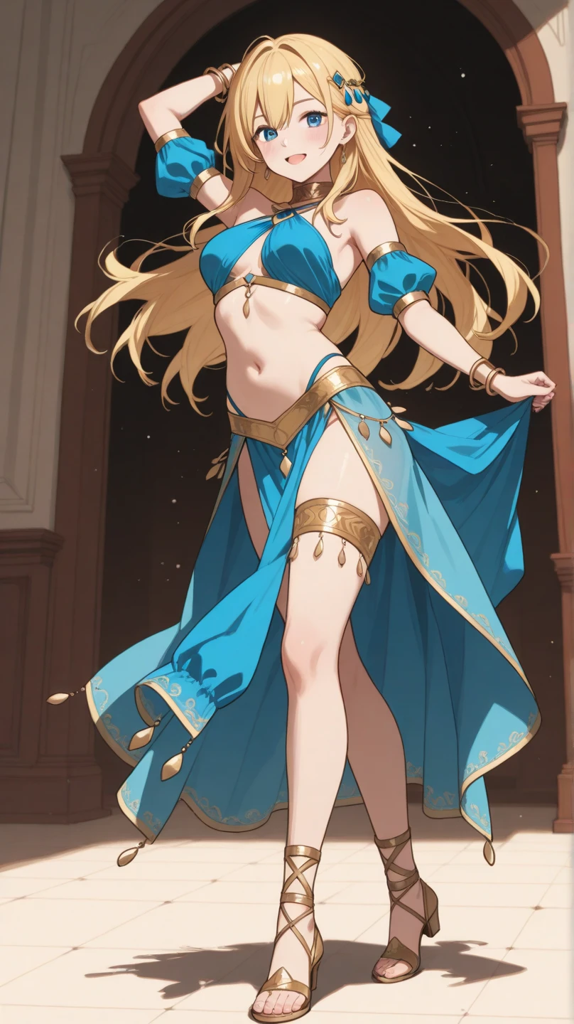 long hair, medium breast, cleavage, navel, slim legs, morgan fate, blonde hair, gown, blushing, skirt, standing, bedroom, arabian belly dancer