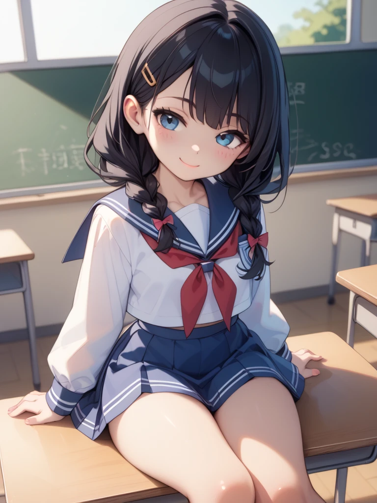 (masuter piece:1.3)、(top-quality:1.4)、超A high resolution、(eye detailed)、(facial features details)、(The specifics of the characteristics of clothing)、nffsw、8K分辨率、solofocus、By bangs、tight suits、(shiny skins) )、(Slender girl)、realisticlying、(Extremely detailed illustration)、Check Commentary、Request for clarification、(Schools、Classroom、chalk board、tables and chairs)、No letters、VirtualGirl-Rin、(A slight smil、A look of shame、A look of bewilderment)、(Soft breasts、rounded protrusion in the middle of the areola,,,、small areolas)、(brunette color hair、Ponytail and ribbon)、1 daughter、kawaii、Big High School Girl、(The chest is covered with a white transparent sailor suit、Female Student Uniform) 、Short, Blue soft pleated skirt、(Plain navy blue socks from calf to toe)、(Sit with your knees bent、Raise your legs、Opening legs、Straight neck with back and hips)、((Sitting in a yellow transparent puddle on the floor))、 ((Covered with female genitalia and transparent very small white wet underwear))、People on the screen、The number of limbs is correct、(((Emphasize)))、Keep your posture with your hands、Look、(((Barefoot,Lift the skirt)))、erotick