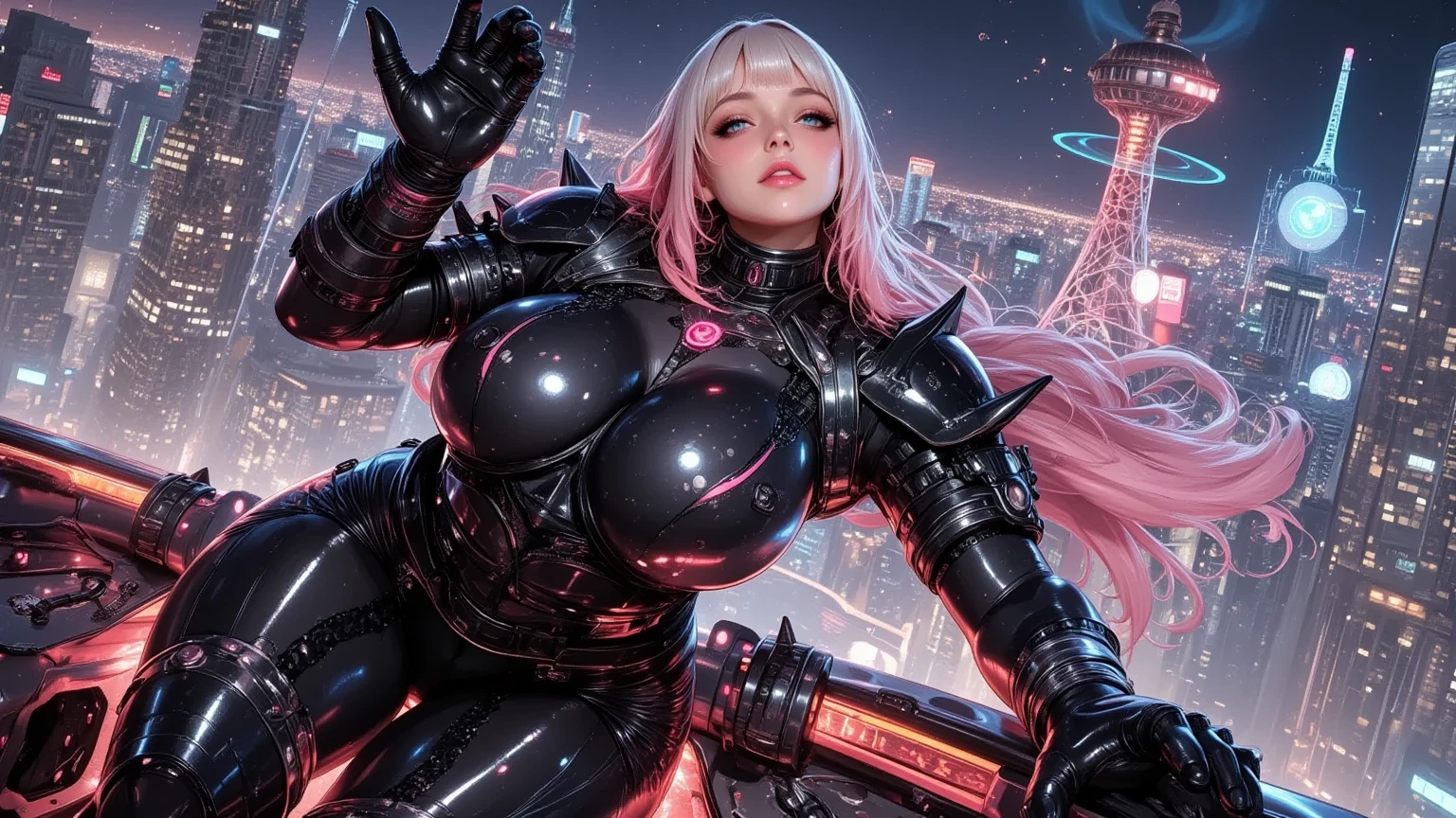 (masterpiece), best quality, expressive eyes, perfect face, beautiful details face, beautiful round eyes, upper body, A beautiful mature woman in cybernetic armour suit shows her Extremely busty and attractive breasts, (light smile), (random hair colours), (random hairstyles, expressive hair, shiny hair, glowing hair, multicolored hair, gradient hair, colored inner hair, straight hair, medium long hair), fair skin, (beautiful detailed full cybernetic suit:1.3), (full body cyber armour), glowing and shining armour, gold and red cyber armour, (cybernetic wings:1.2, Gigantic mechanical wing:1.2), (Edge lights:1.3), (silver and red colour scheme:1.3), neon light on armour, beautiful details eyes, (blue eyes:1.2), (glowing eyes:1.2), (Gigantic saggy breasts:1.2), tight breasts, thick body, (well accentuated curves), pink lips, (silver nails), mascara, Long eyelashes, eyeliners, (Extremely wide well defined hips:1.3), (beautiful massive thick thighs:1.3), slender figure, (Extremely detailed skin texture:1.2), beautiful detailed realistic definition, golden lights that shimmer, high detailed eyes, ultra-high quality model, proportionate, intense colouration fantasy, (fantasy cyber city background), white and gold tetradic colours, (1girl), solo, cowboy shot, shine, glowing