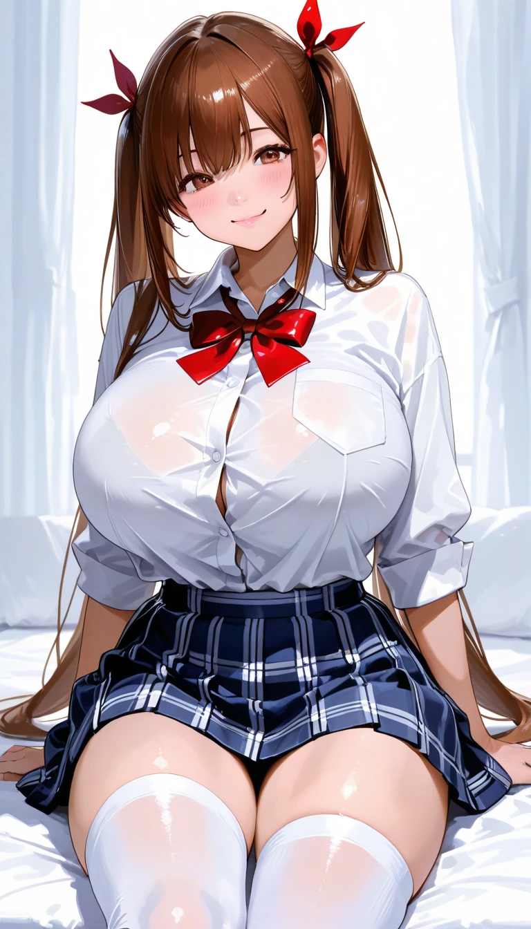 ((highest quality、High resolution、Highly detailed CG Unity 8K wallpaper))、detailed face、perfect body、unparalleled beauty、beautiful breasts、spread your legs wide、shy smile、I'm seducing you、I'm inviting you to have sex、Love juice dripping from the vagina、((She lifts up her skirt and shows no panties))