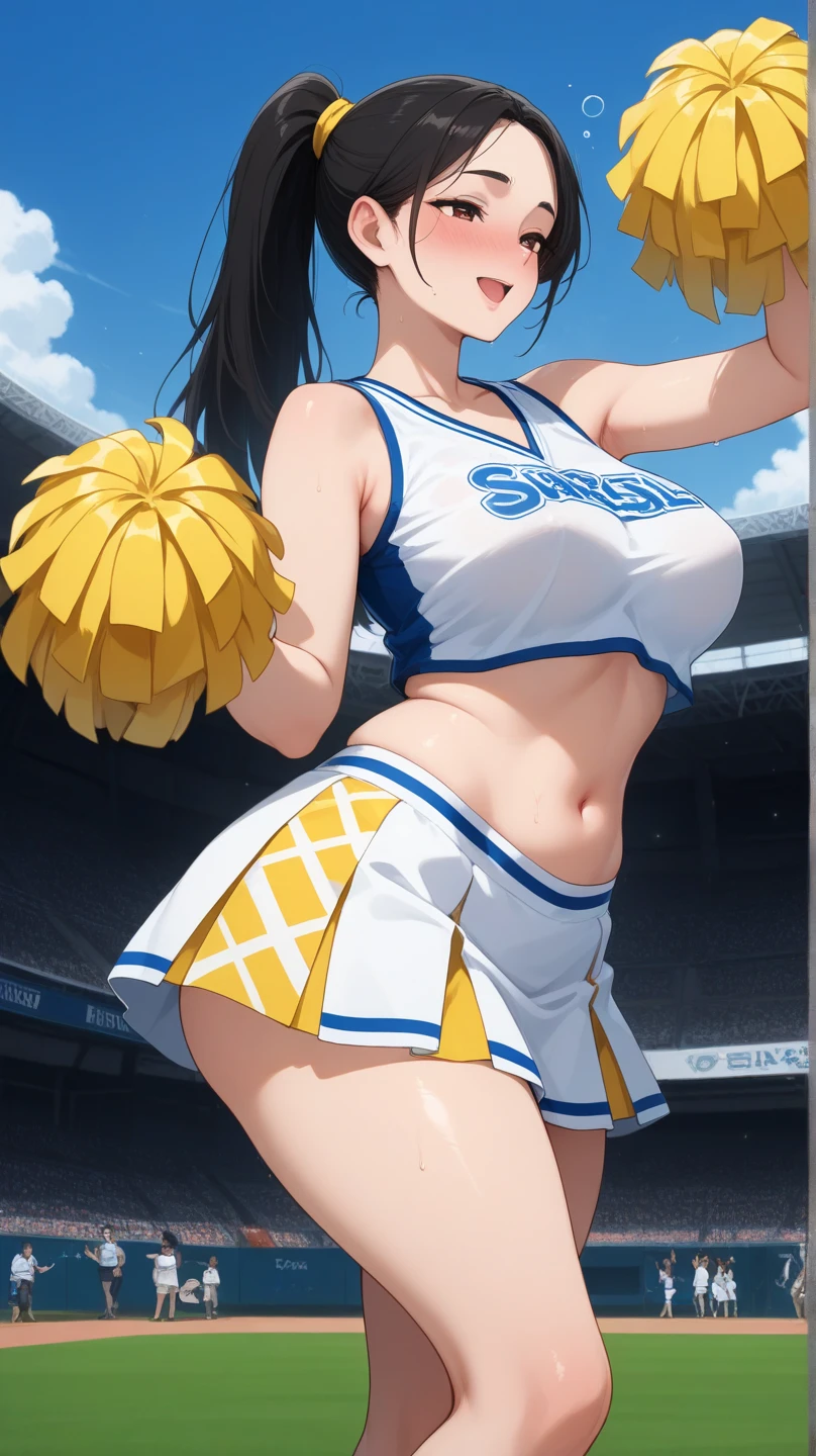 solo,1 girl,blunt bangs,short hair,large breasts,black hair,red eyes,embarrassed,blush,cheerleader,navel,underboob,mini pleated skirt,blue striped wedgie panties,standing_split,wind,looking back,stadium,outdoor,full body,from back,from behind,
