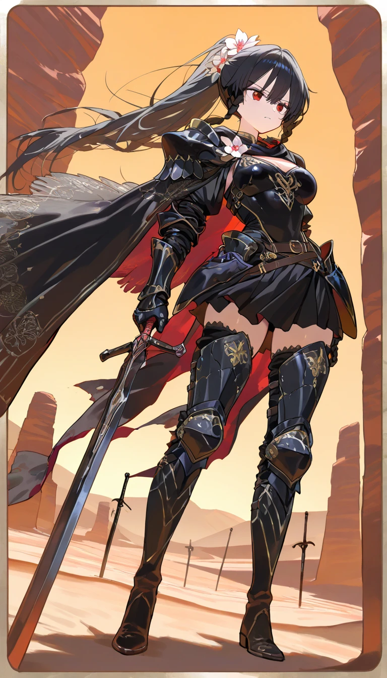 (beautiful girl : 1.3),1 girl,(Black Armor,Black Embroidered Cloak,Flower Hair Ornament,thigh,boots),black hair,ponytail,braids,no expression,sticks a sword into the ground, desert,stand,active,dynamic angle,masterpiece,Highest Quality,Rich Contrast,high image quality,8k,High Definition CG Unit Wallpaper,texture,unbelievably absurd, RAW photos ,deep border 1 .2,very detailed