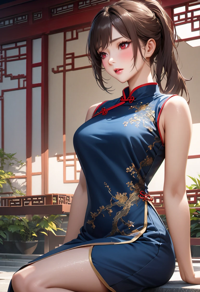 (masterpiece,highest quality,超A high resolution),japanese woman, (((Very beautiful 25 year old girl))), pretty girl、look at the photographer、 ((beautiful low ponytail)), super cute face, glossy lips, double eyelids in both eyes,natural smile、 natural makeup, long eyelashes, Shiny and smooth hair、center image, perfect limbs, perfect anatomy,(((China dress)))、((()),wet with sweat,