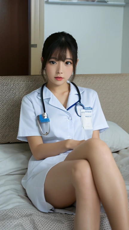 (8k, Raw photo, highest quality, masterpiece: 1.2), masterpiece, 超detailed, 超A high resolution, (Realistic and photorealistic photography: 1.37), High-resolution RAW color photos, Very delicate and beautiful, 非常にdetailedな, 8k Wallpaper, Amazing, detailed, 非常にdetailedな目, 非常にdetailedな皮膚, 非常にdetailedな指, h非常にdetailedな nose, 非常にdetailedな口, Perfect Anatomy,One Girl, Blurred, Blurred background, Blurred前景, blush, huge , Depth of written boundary, Eyebrows visible through hair, Hair between the eyes, In the hospital, alone, (huge tits:1.3)、Nogizaka Idol、Korean Idol、Gravure idol pose、、Age 25、expensive、(((Nurse uniform:1.3)))、((Nurse in uniform:1.2))、Black thigh high stockings、valley、((Sexual Panties:0.9))、((Spread your legs wide:1.5))、((Boyfriend and girlfriend having sex in missionary position:1.5))、((POV:1.5))、((Half breast exposed:0.9))