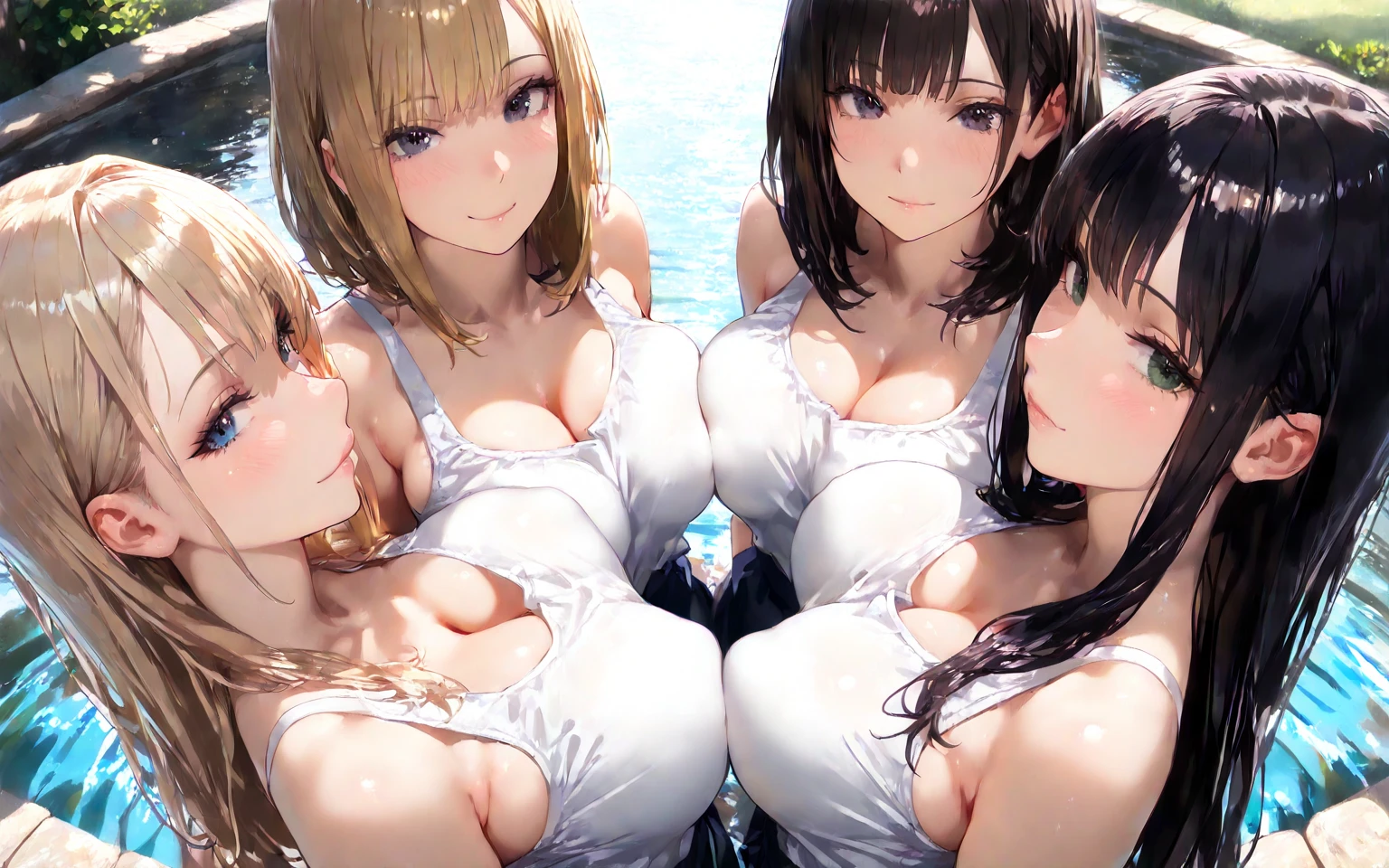 ((highest quality)), ((masterpiece)), (become familiar with), perfect face, smile, (open your mouth and smile:1.3), embarrassed look, (hug:1.3), (The whole body glows:1.3), hair band, head band, hair bobble, high resolution eyes, accurate eyes, (high resolution eyes:1.8), (High definition finger 1.8), light smile, four women are posing for a camera outdoors in the water, ((topless)), (small chest), ((Completely naked)), nipple are visible, nippleが丸見えです, multiple girls, nipple, chest, realistic, ((4 girls)), 4-year-old, , 6 years oldld, ((No panty, knee socks, short skirt, Asian, Westerners, silver hair, brown hair, blonde, belly button, jewelry, looking at the viewer, necklace, topless, water, , Wet, long hair, short hair, abs, precision small needle, sailor suit,