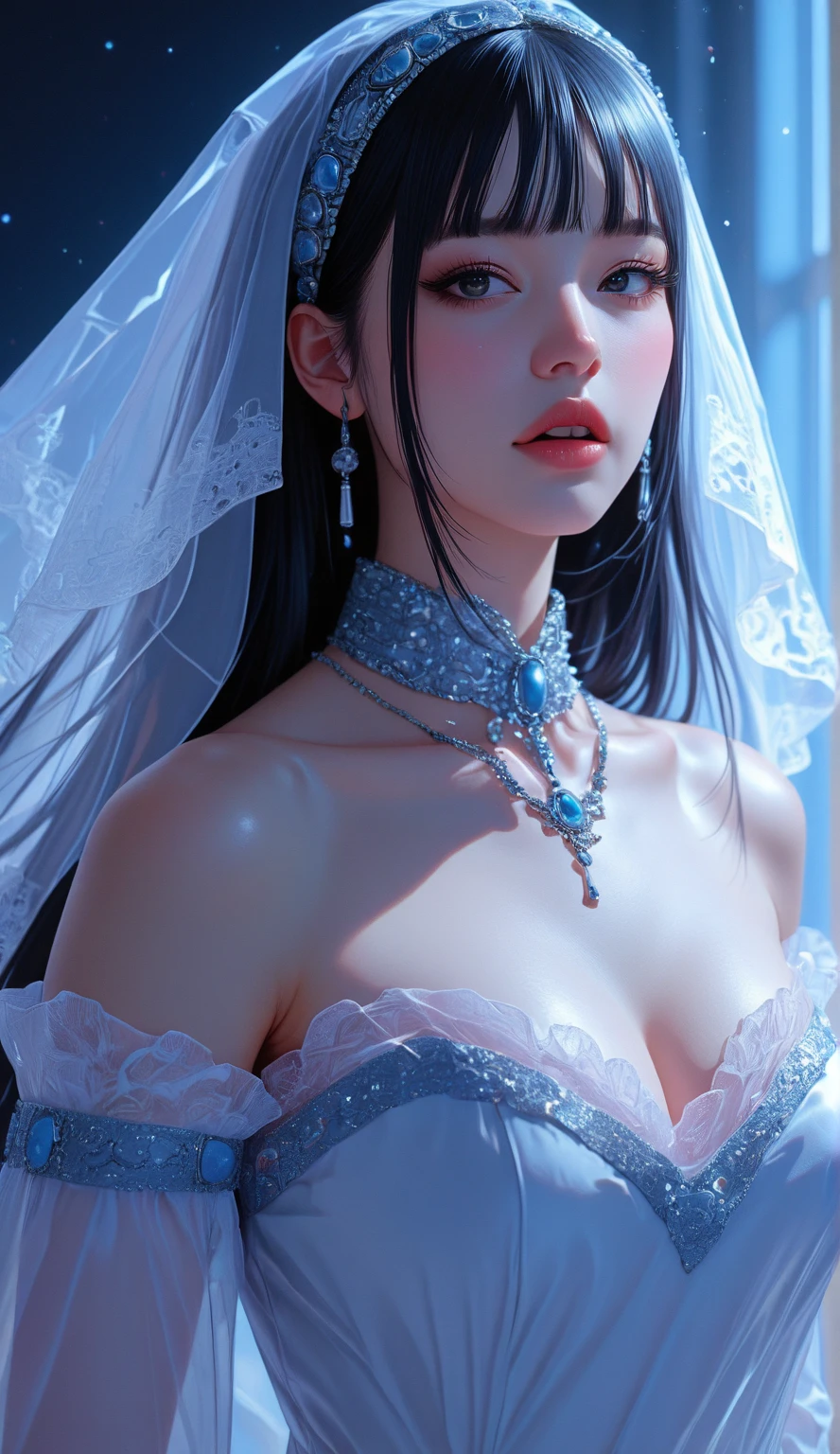 (practical, Photorealistic:1.37), (masterpiece, Highest quality:1.2), (Ultra-high resolution:1.2), (Original photo:1.2), (Clear focus:1.3), (Face Focus:1.2), (Highly detailed CG Unity 8k wallpaper:1.2), (Beautiful Skin: 1.2), (Pale skin:1.3), (Super sharp focus: 1.5), (Super sharp focus:1.5), (Beautiful and clean face:1.3), (非常にDetailed Background, Detailed Background:1.3), Bokeh, Depth of written boundary, rest, Image of a Very Cute and Beautiful Japanese Woman, (bride), business suit, (2:1.1), Portrait of a smiling girl, Full body image, from the front, Symmetrical Configuration, (Studio Lighting:1.3), (Cinema Lighting:1.3), (Rear window lighting is backlit:1.3), (surface light:1.3), Light Enveloping Her Entire Body, Looking straight at you, Persistence, Sexy model posing, rest, (Chestnut Half-Hair:1.2), Dark brown eyes, Beautiful Eyes, Princess Eyes, Mahogany Hair, A single hair, bangs, slim, Abdominal muscles, (Huge breasts;1.35), (Willow West:1.15), (Details of a beautiful girl:1.4), (Pure White Elegant and Gorgeous Lace Silk Wedding Dress:1.3), (BaliOcean view背景:1.2), (NFSW:1.3), ((Perfect female body)), (Upper body image:1.3), Encircling the head, Perfect Dramatic, Volumetric lighting, Professional majestic oil painting, Glowing Skin, CT Anatomy, Perfect Proportions, 8.Five Really Small, Face Focus, Ultra practical Photo, Extremely clear images, Ultra-high definition images, Bali, Ocean view, Beach, External, ((walking Beach:1.2)),NUDE
