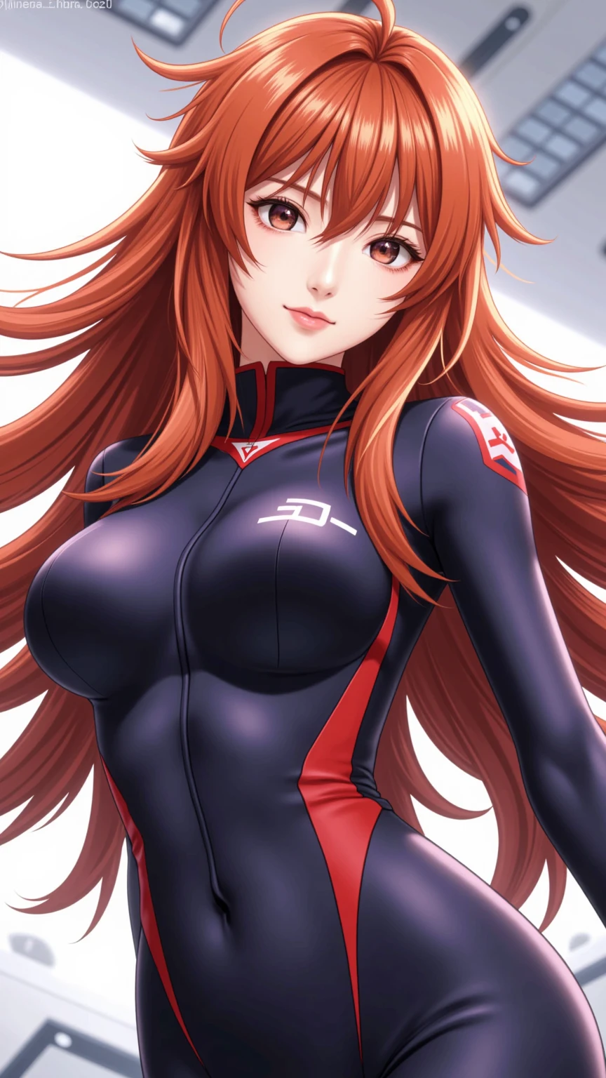 highest quality、Realistic、female、Japanese、zoom、cute、Red eyes、Chestnut Hair、long hair、Blue Hero Suit、Shiny bodysuit、universe