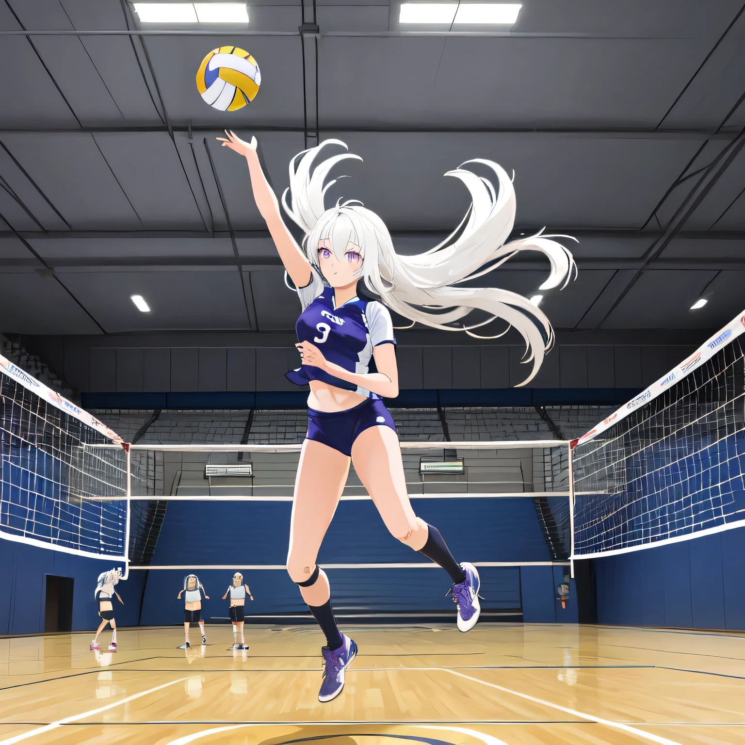 A breathtakingly beautiful 20-year-old woman soars into the air on a volleyball court inside a brightly lit gymnasium, preparing to spike the ball with precision and power. Her athletic form is accentuated by a sleek, form-fitting uniform, and her intense gaze remains locked onto the target. The polished wooden floor reflects the motion, enhancing the dynamic energy of the moment as she displays her skill and determination. White hair, long hair, purple eyes.