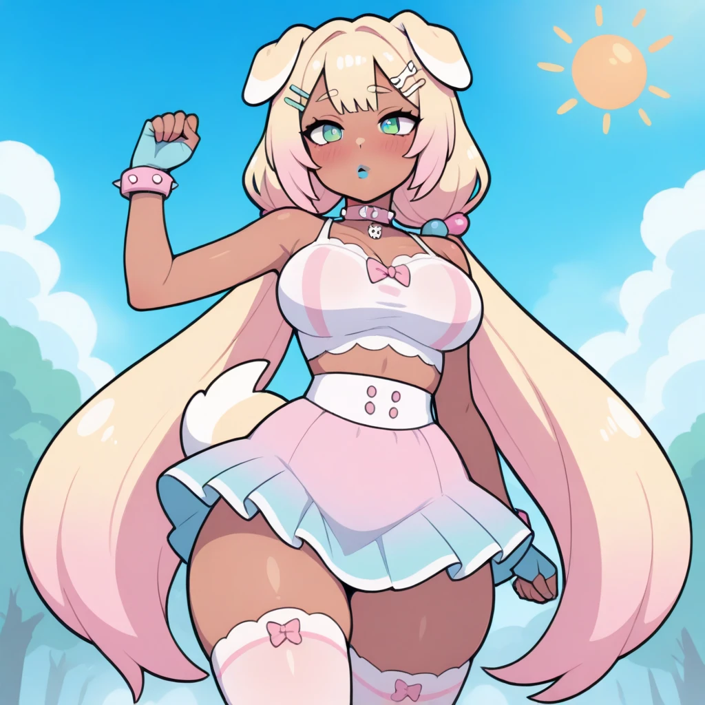 (best qualityer,4K,8K,high resolution,work of art:1.2),ultra detali,realisitic,portraite,Kizi,White hair,long hair,beautiful detailed eyes,beautiful detailed lips,White top,Red bow on neck,Short pink skirt,purples eyes,illustration style,swirly vibrant colors,warm hues,soft lighting,background full of mushrooms(big boobies)