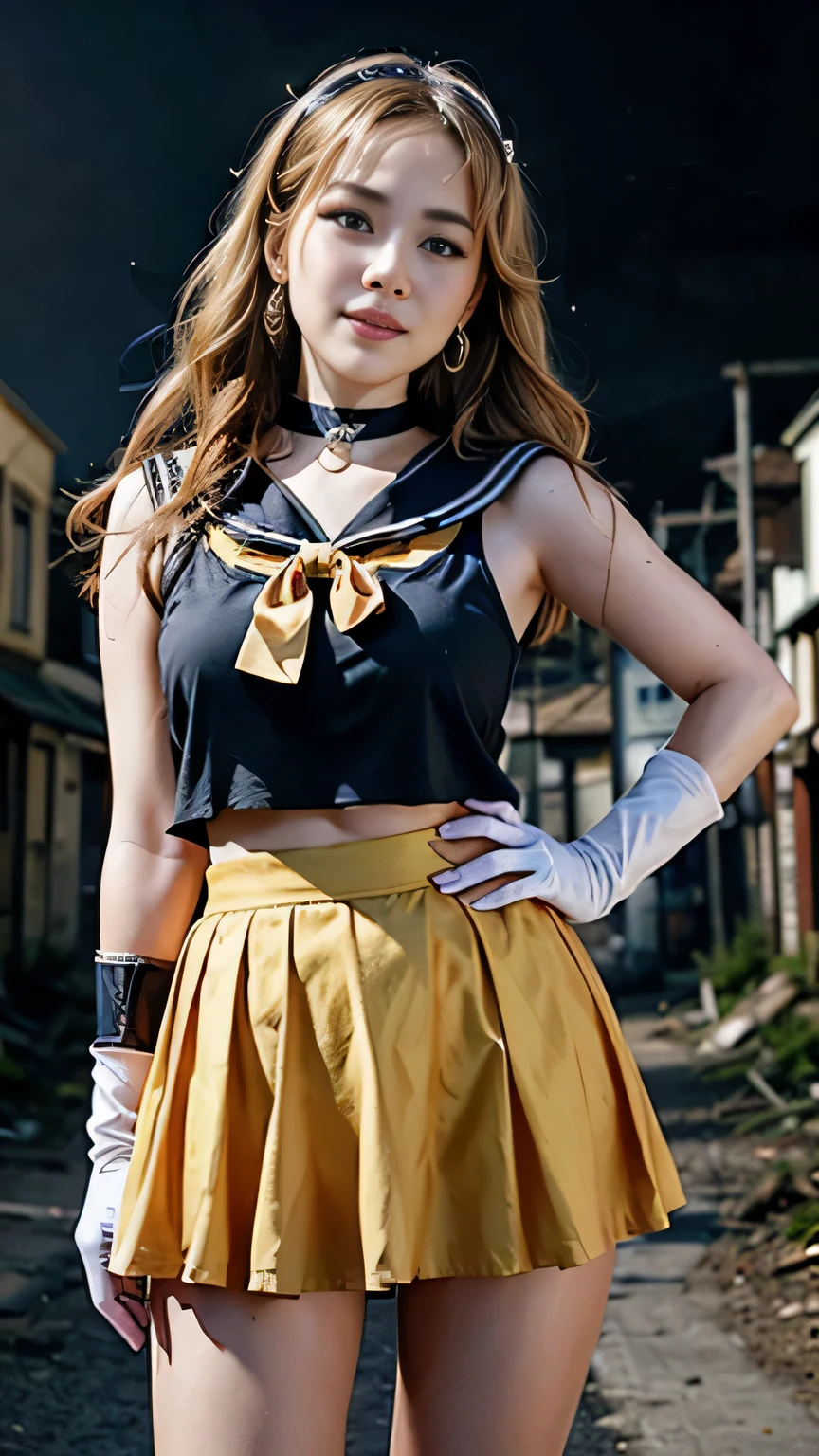 masterpiece, best quality, highres, venus1, 1girl, solo, sailor senshi uniform, sailor venus, aino minako, blonde hair, magical girl, blue eyes, orange skirt, elbow gloves, tiara, pleated skirt, hair bow, orange sailor collar, miniskirt, choker, red bow, orange choker, white gloves, very long hair,  jewelry,  earrings, cowboy shot, smile,,More detailed 8K.motor irreal:1.4,UHD,La mejor calidad:1.4, fotorrealista:1.4, textura de la piel:1.4, obra maestra:1.8,obra-prima, mejor calidad,objeto Objeto], (detailed face features:1.3),(manos detailed:1.4),(fondo apocalyptic destroyed city:1.4)