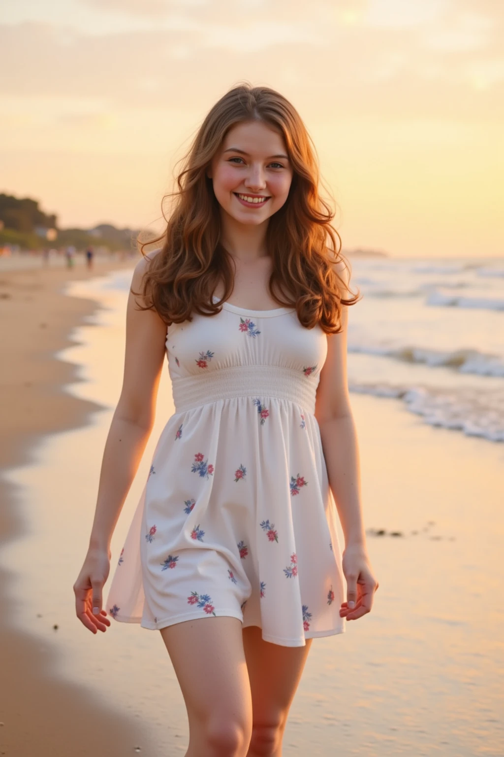 photorealistic, best quality, hyper detailed, natural amateur shot, 2 girls, beautiful slim young women, 1st girl very light blonde hair, 2nd gigirl brown wavy hair, action shot, wearing summer dresses, full body, at the beach, outdoors, evening, (focused), very sweet smiles, skin texture with perky 30G   , ultra high res, best shadow, RAW, instagram LUT