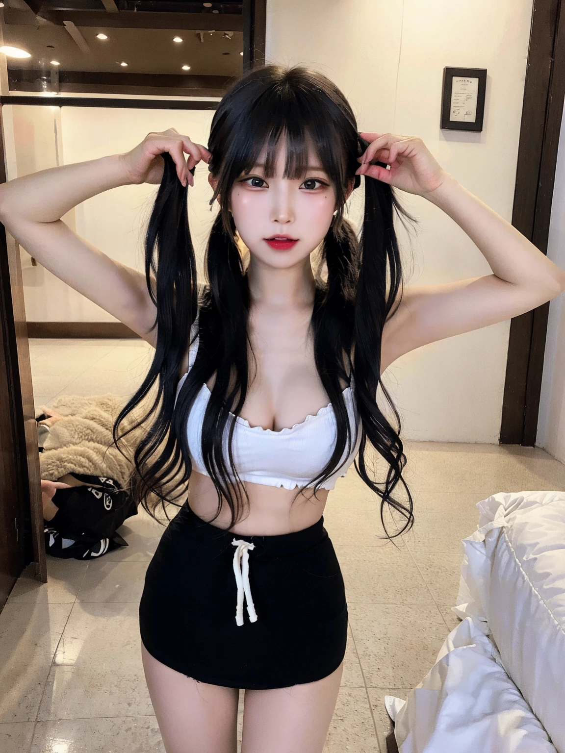 Top image quality、Raw photography、超A high resolution、18 year old cute Korean、Shooting for one person only、big round chest、Camisole、skirt by the、Shiny hair、Beautiful Eyes of Details、very elongated eyes、Beautiful eyelashes、Beautiful double eyelids、eyeshadows、耳Nipple Ring、close-up shooting、Model shooting for magazines、Fashion catalog shooting、Wall on grey background