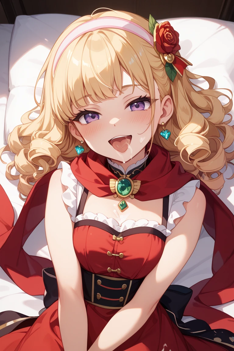 women, blonde curly hair, with mask, green eyes, very large pink dress, white gloves, a fur stole, hostess