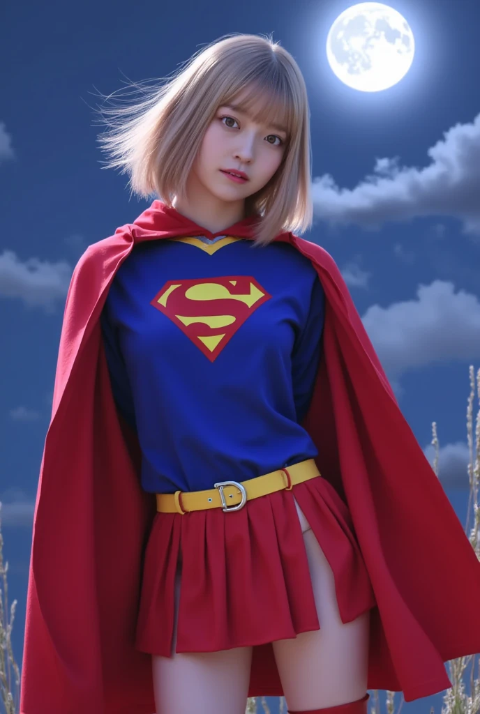 A very elementary school student is wearing Supergirl clothes.. ,masterpiece, highest quality, abstract, psychedelic, neon, (honeycomb pattern), (creative:1.3), fantasy 00d、 black hair、bob cut with trimmed ends、flat chest、Thin crotch、lolicon、stand on the sidewalk、belly button、High-leg style、red cloak、Swelling of the nipples