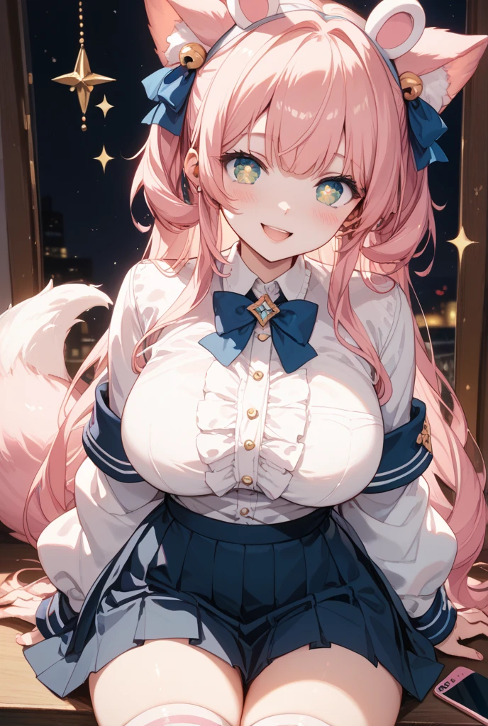 (Feline Girl:1.2), (1 person:1.2),(10 year old girl)、young girl、big breasts、 nffsw、shader、highly detailed eyes、long straight hair、underide boob、pink hair、silky hair、Cat costume(Feline ears、Mokomoko bra、tight mini skirt、plain silk gloves)、ultra-intricate pupil in eyes、highest quality、bright colors、Bust 100、Repose、Standing picture of the game、Stirring composition、Composition looking up from below、Lift your with your hands、Pose that emphasizes the chest、fold your arms、grinning expression、eyes half closed、open your mouth、Wicked face、Bullish smile、fold your hands behind your back、Hide your hands、evil smile、whole body、beautiful