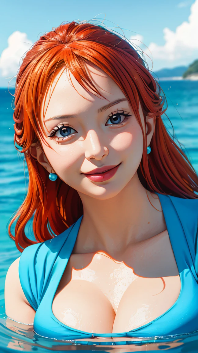 une femme de 25 ans, rousse, sexy, romantic smile, HD, 8k, masterpiece, a lot of details, vague hokusai apeine sur le mur, bodypainting, art