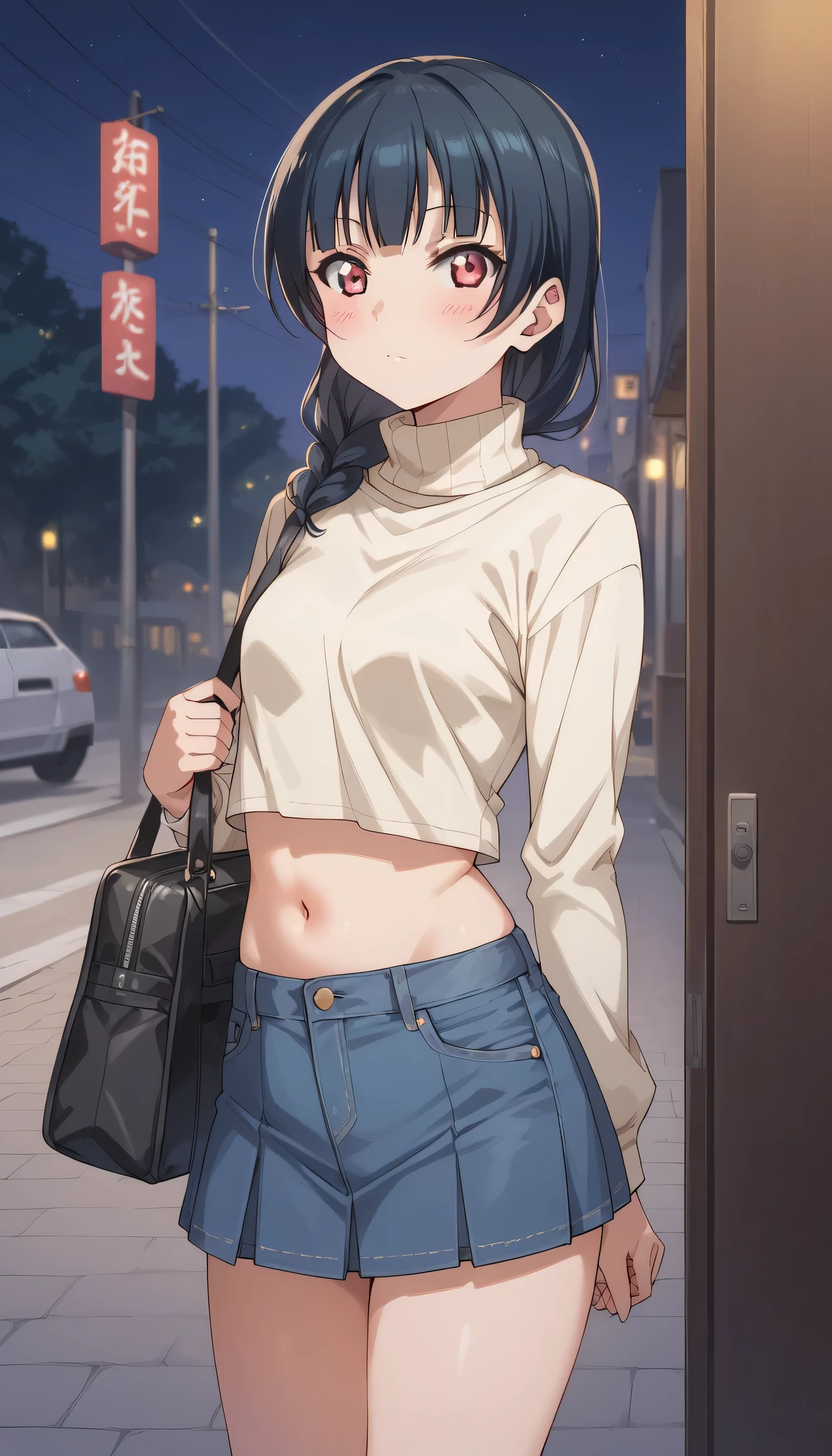 A blushing image of Yoshiko Tsushima, beige turtleneck blouse, visible navel , short denim skirt, with a black bag on the shoulder, Standing on the street at night , ager body, young girl body , standing next to a hotel door on the street