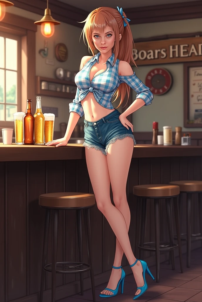 (((1 person:2.0))),(((Cowgirl Costume))),(((Slender body:1.2))),(((Small Ass:1.2))),(((high waist,Denim mini skirt))),(((Wear one leather belt))),(((He is wearing a sleeveless shirt, Plaid, front tie shirt.))),(((Wearing a watch))),(((Sandals:1.2))),(((Showing cleavage))),(((Showing your belly button))),(((Exposing thighs:1.2))),(((Small breasts:1.5))),(((Exposed arms:1.2))),(((Her hair is blonde))),, Beautiful detailed girl, Very detailed目と顔, 緻密でBeautiful Eyes, Very detailed, High resolution, highest quality, masterpiece, Very detailed, 8k wallpaper, wonderful, finely, highest quality, The light shines on your face,(((Dark underground bar:1.2)))),Beautiful Eyes,(((Blushed face:1.2))),Cowboy Shot