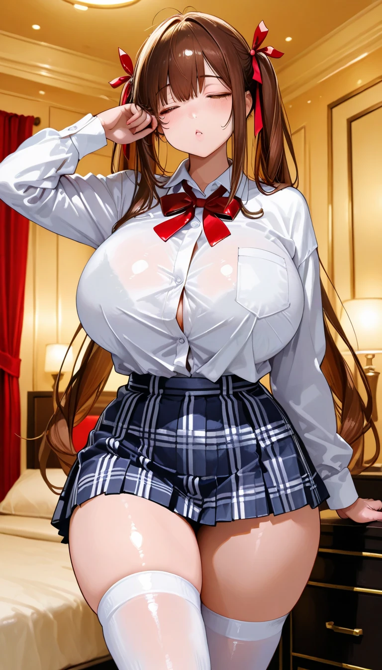(masterpiece:1.2, Highest quality), (Realistic, photoRealistic:1.4), Beautiful illustrations, ((1 boy, A boy is grabbing a girl's breasts from behind:1.6)), (Raise the hand),
Looking at the audience, whole body, Front view:0.6,
1 female, Japanese, high school girl, ((Long Hair:1.5, Light brown hair)), Let your hair flutter, bangs, Hair between the eyes, Big Breasts:0.8,
Beautiful Hair, Beautiful Face, Beautiful and detailed, Beautiful clavicle, (Chubby body type:1.5), Beautiful breasts, Beautiful breasts、Beautiful nipples、Beautiful thighs, Beautiful legs, Beautiful fingers, Soft Skin、genitals、
(In a luxury hotel room) ,
((Open white shirt , Grey checked jacket and pants)), (Blue plaid tie, Round Glasses, choker), (please put your hand on your chest, Place your hands between your legs), blush, (Glowing pink eyes:1.6)