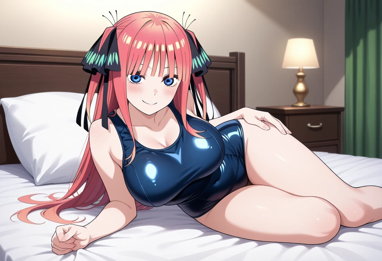 best quality, insanely detailed, nino nakano, breasts, blush, bedroom background, looking at viewer, cheerful eyes,arousal, one-piece swimsuit, old school swimsuit, pussy, nsfw