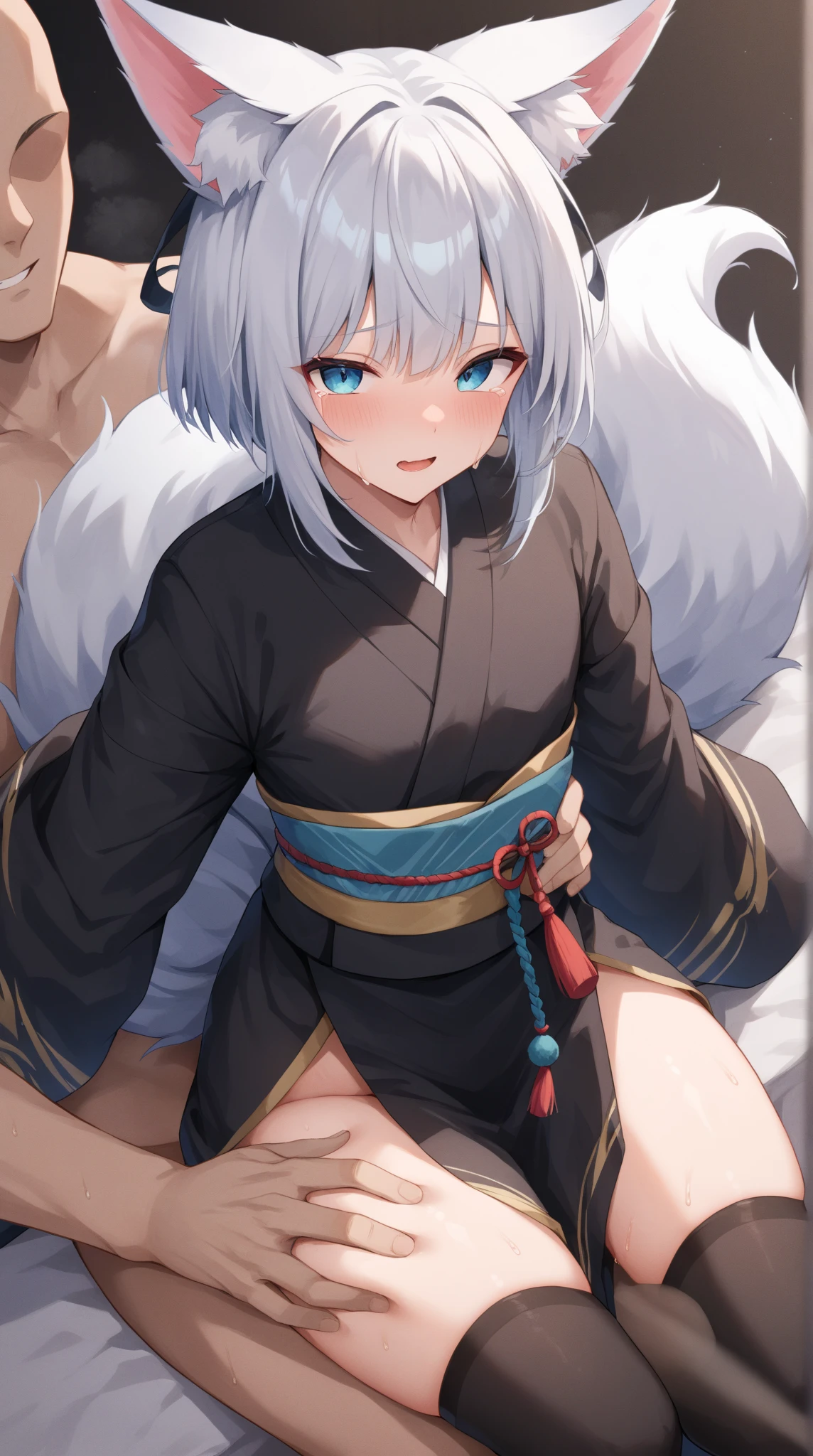 ((Detailed eyes, blue eyes:1.2)),beautiful eyes,{best quality}, {very aesthetic}, {ultra-detailed}, {best illustration}, nsfw,(2boy:1.9),eyes wide open,(silver hair:1.3),(long hair:1.9),(Fox ears:1.2),((, perineum:1.4)),2d,Anime Face,(No tear bags),(bangs between eyes),((flat chest)),Steamy skin,skiny boy,(pale skin:1.4),Transparency,open mouth,(fem boy),(flat chest),dooring,((blushing)),Beautiful Nose,perfect anatomy,teen agerically correct human body,flat chest,(shota:1.8),(ono ko:1.8),(pov foccus),(2eyes),Swelling,Take off your kimono:2),in the forest,Tuck up,(bukkake:1.8),Squatn ass:1.8),back,lookck