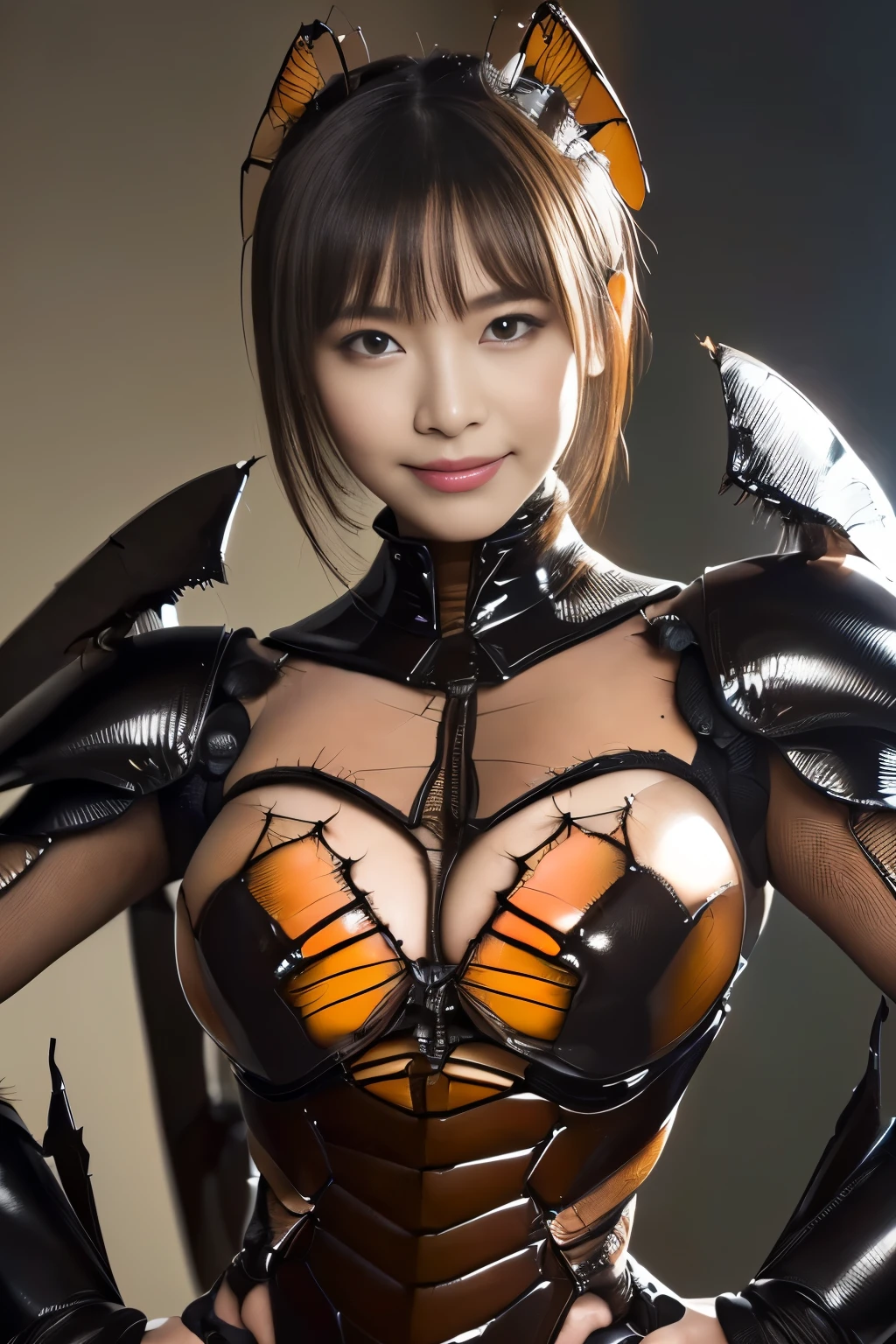 (High resolution,muste piece,highest quality,Highly detailed CG, anime, official art:1.4), realistic, photograph, amazing detail, all complicated, luster and luster,great many layers, 8k wallpaper.3D, sketch, cute, illustration,( alone:1.4), perfect female proportions,villain, (Fusion of dark brown cockroach and lady:1.4), (brown cockroach form ready:1.2), (brown cockroach woman:1.2), (Fusion:1.2), (alone:1.4), (evil smile:1.2), muscular, abs, (cockroach brown exoskeleton bio insect suit:1.4), (Cockroach brown exoskeleton insect armor:1.2), (brown transparent cockroach feathers:1.4), (brown cockroach antenna:1.3),mecha musume,race_Queen,high leg latex leotard,Chunli,ninja artist_suit,1 girl,animal hands,latex costume,asagi costume