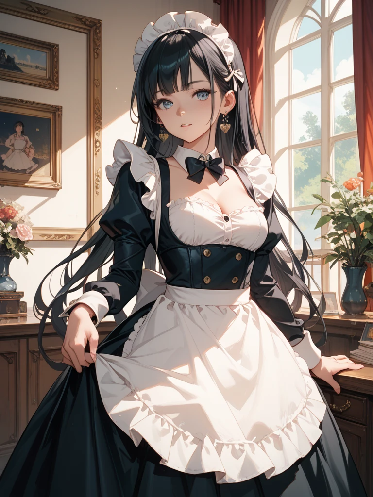 Illustration of a beautiful girl in a cute pose,(Masterpiece: 1.2), (Best quality: 1.2), A cute girl with long black hair, dressed in a classic black and white maid outfit with frilly lace and a matching headband, is standing in a beautifully decorated Victorian-style parlor. She is holding a silver tray with a teapot and teacup, her expression a mix of professionalism and warmth. The background includes ornate furniture, a chandelier, and large windows with heavy drapes, all bathed in soft afternoon light. This illustration emphasizes the elegant and welcoming atmosphere of a high-class tea service